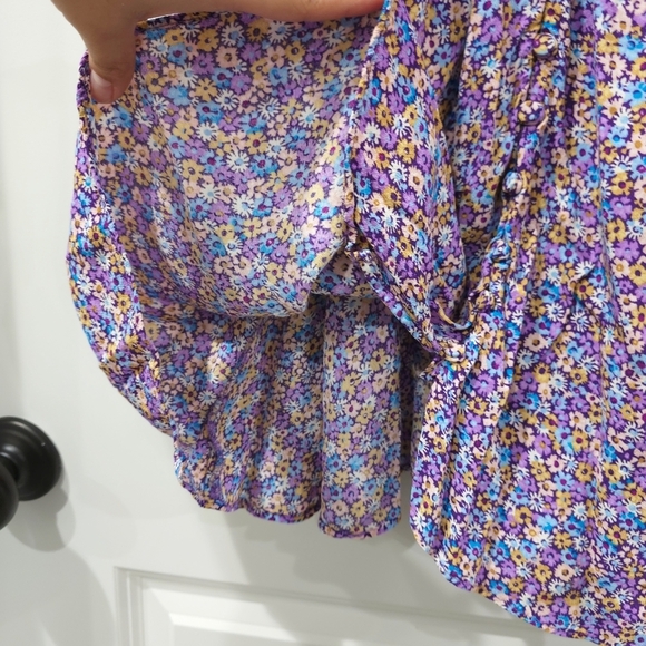 Zara Purple Blue Yellow Floral Puff Smocked Sleeve Sundress Mini, Deep Vneck, S - Picture 8 of 16